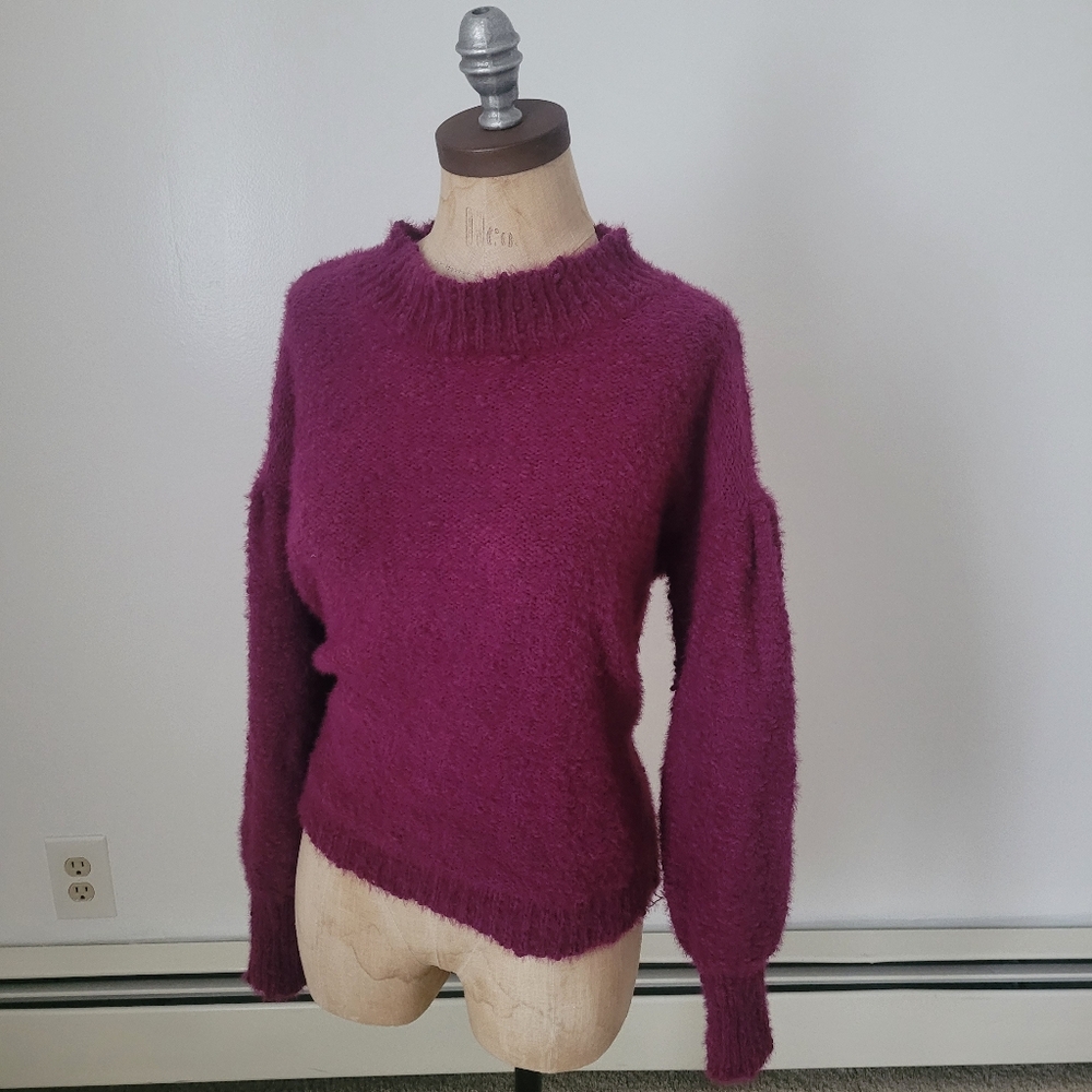 Lush Dark Magenta Fuzzy Drop Shoulder Balloon Sleeve Sweater Small